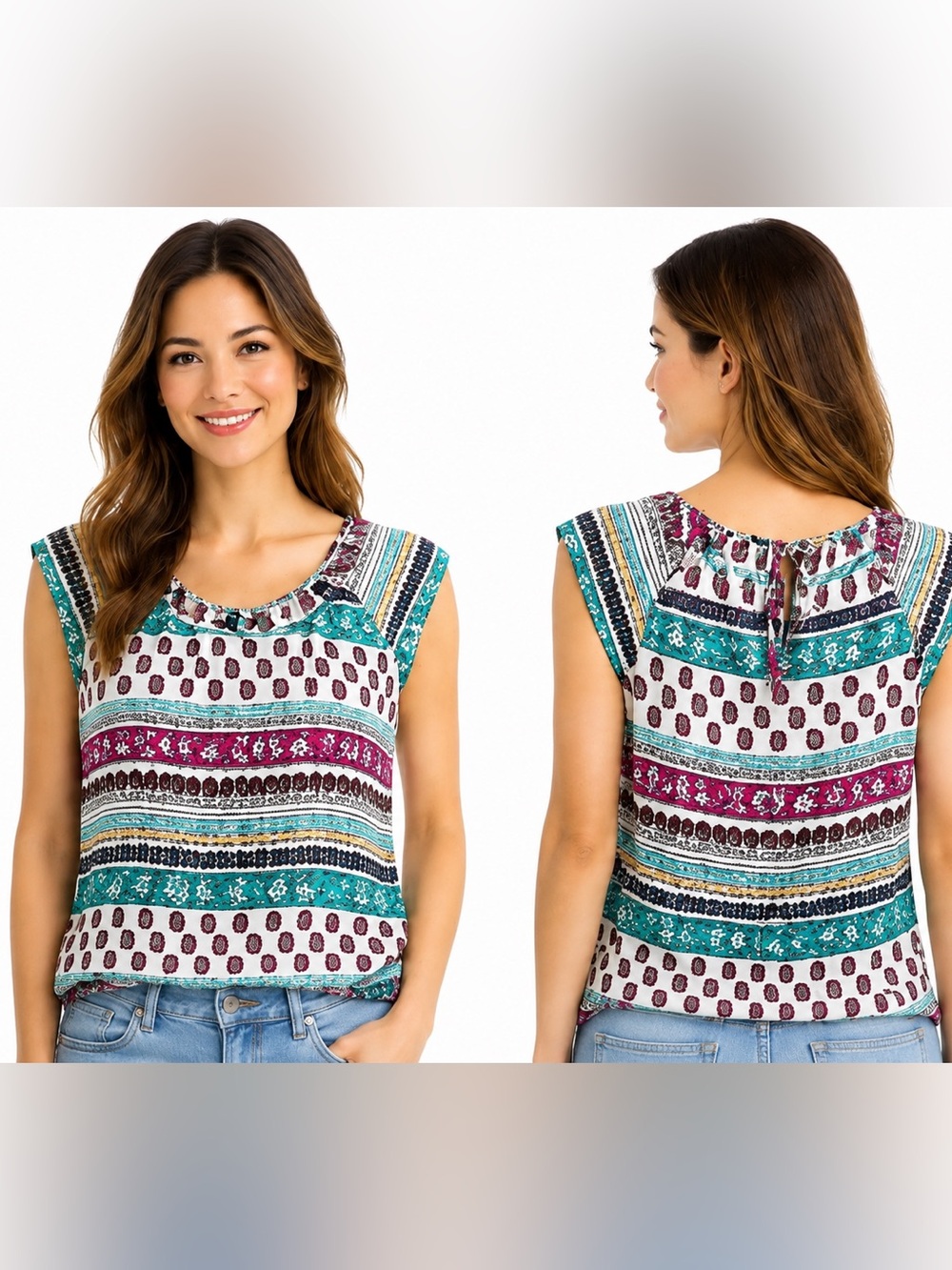 Bershka Boho Paisley Print Sleeveless Blouse Keyhole Back